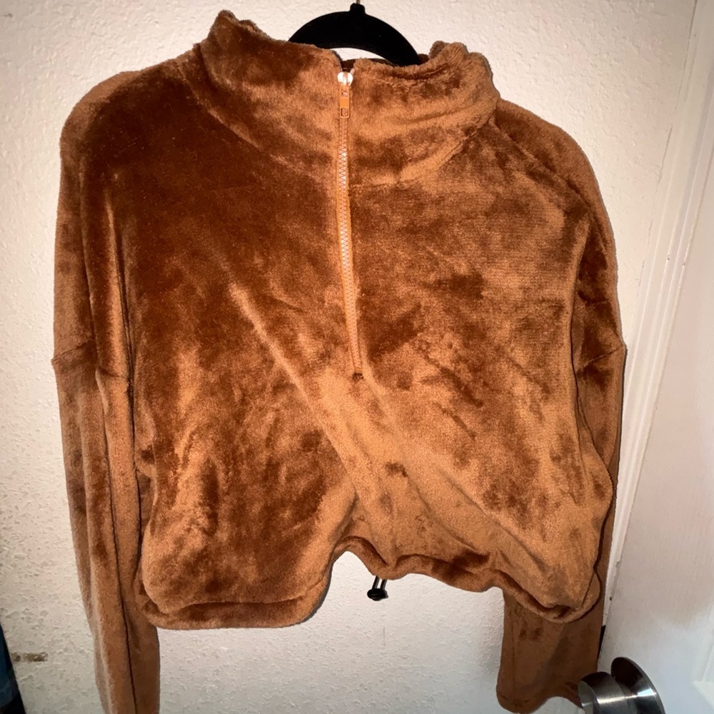 Brown Teddy Jacket with High Neck and Cropped Length
